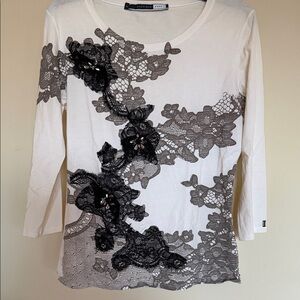 MaxMara Sportmax White Long Sleeve Top with Black Lace Detail